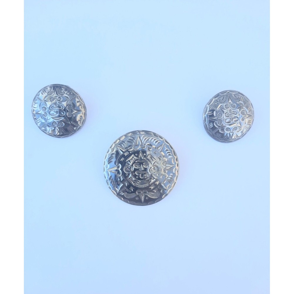 VINTAGE STERLING SILVER AZTEC MAYAN CALENDAR SUN DIAL BROOCH PENDANT CLIP ON SET